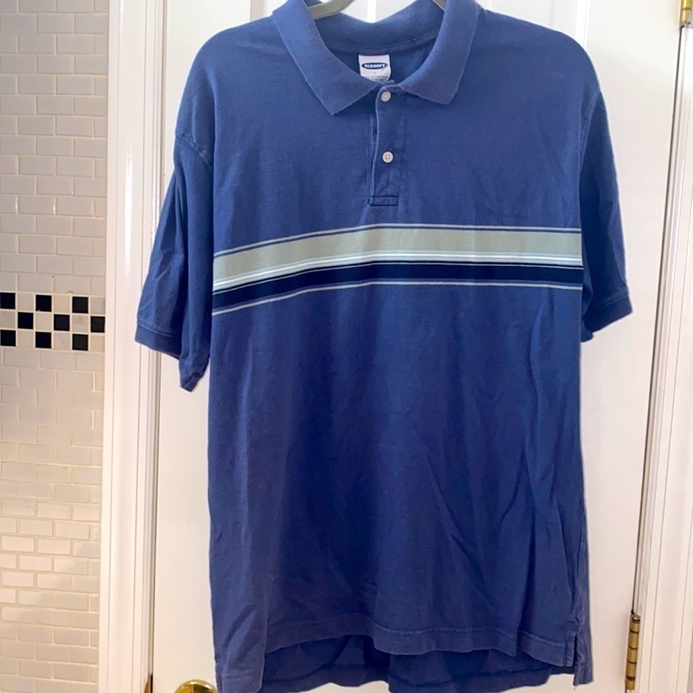Old Navy 💯 cotton blue polo shirt with blue/grey stripe. Short sleeves. Size L.